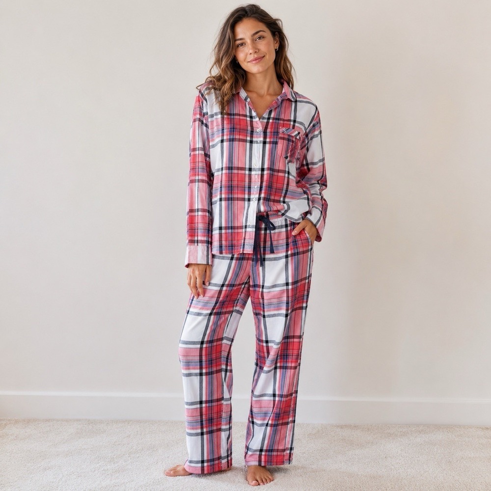 Victoria's Secret Plaid Sleepwear Pajama Set Womens Medium Red Pink Cotton Comfy